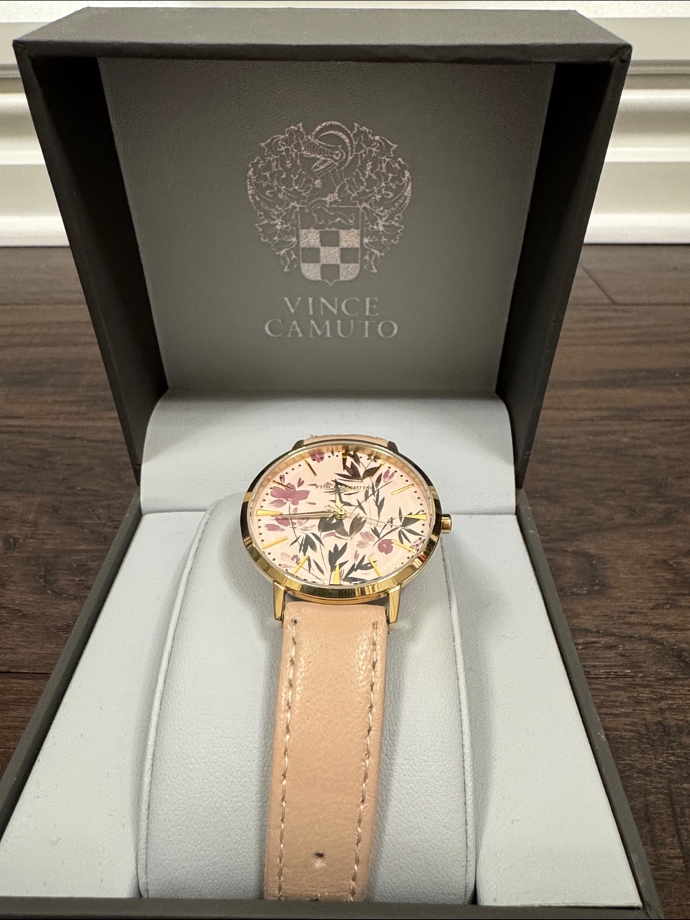Vince Camuto Gold-Tone Watch with Pink Floral Dial and Blush Strap